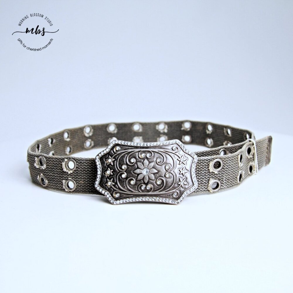Ornate Floral Rhinestones Buckle Distressed Canvas Rivetedโ Belt